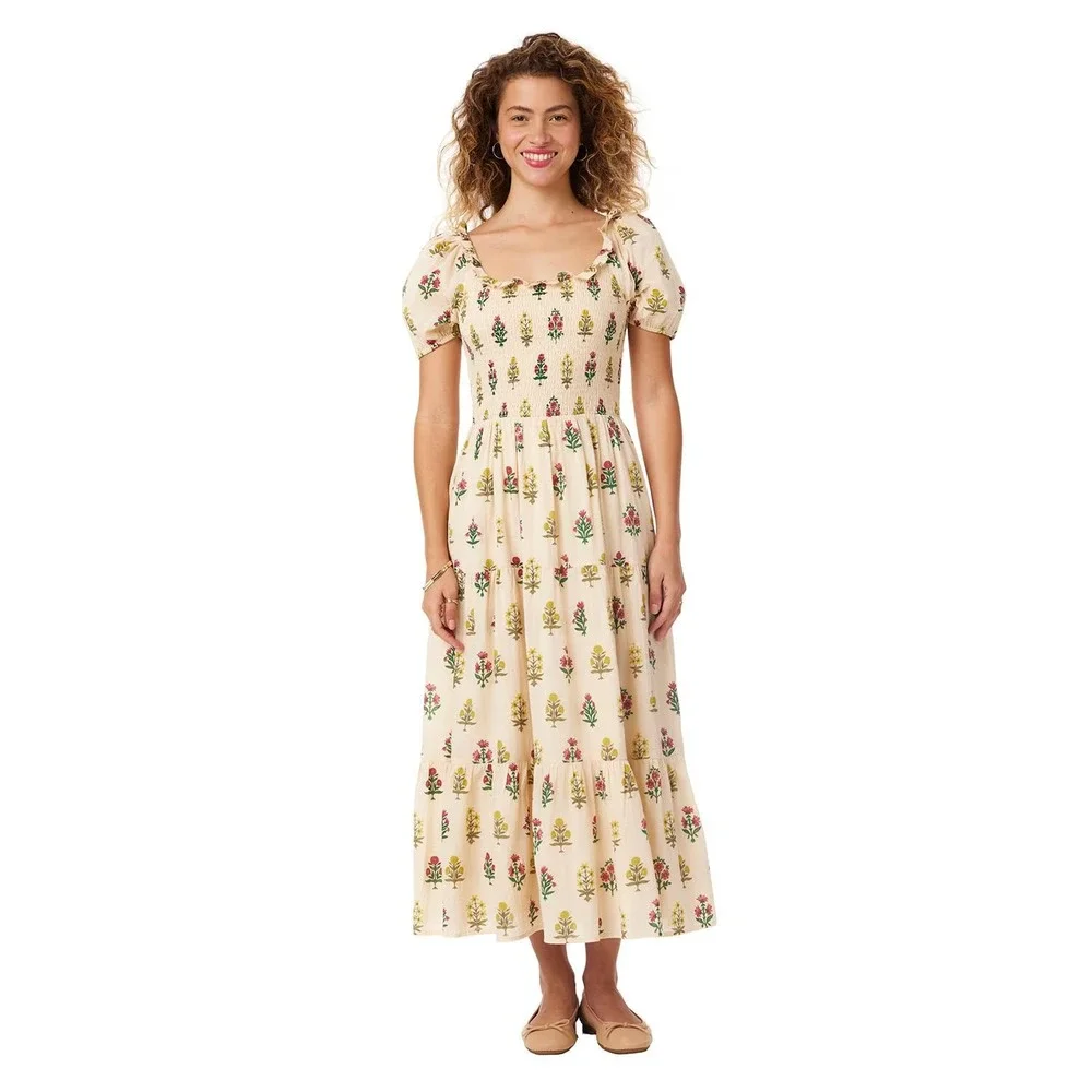 Bila Navara Cotton Maxi Dress Size S Vintage Floral Smocked Puff Sleeve Lined